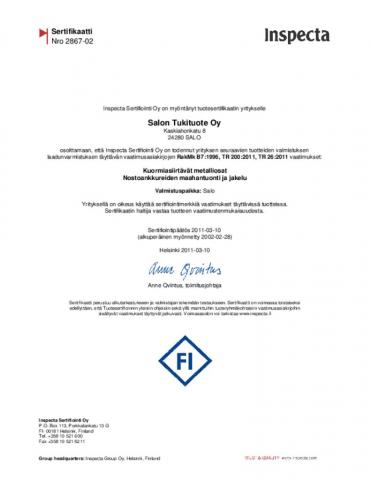 FI-Sertifikaatti 2867-02 Kiwa Inspecta