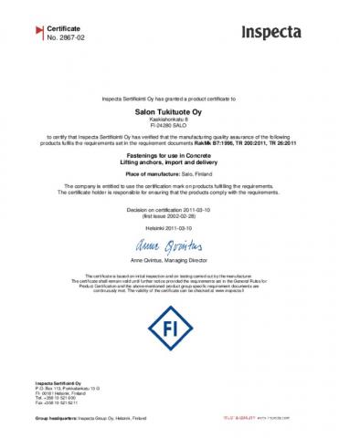 Inspecta Certificate No. 2867-02, Fastenings for use in Concrete Lifting anchors, import and delivery